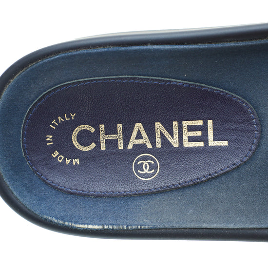 Chanel Navy Blue CC Chain Slide Pool Sandal 38