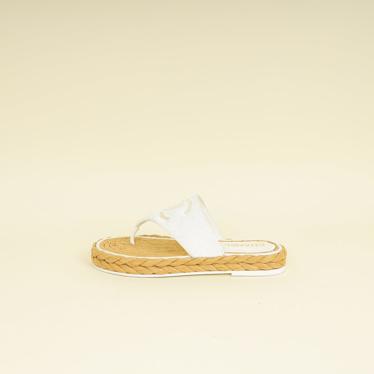 Chanel White CC Terry Cloth Raffia Thong Sandals 39.5