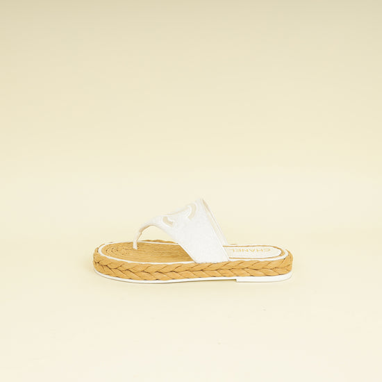 Chanel White CC Terry Cloth Raffia Thong Sandals 39.5