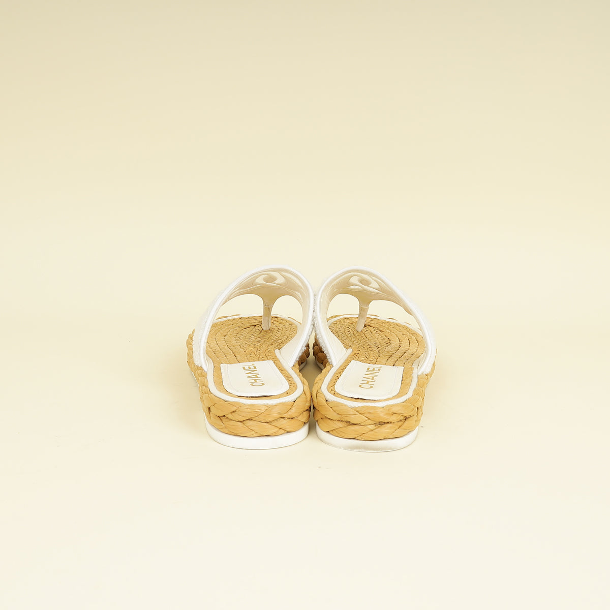 Chanel White CC Terry Cloth Raffia Thong Sandals 39.5