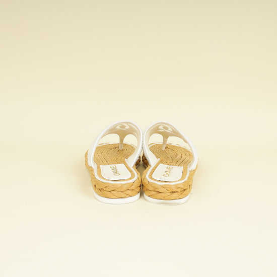 Chanel White CC Terry Cloth Raffia Thong Sandals 39.5