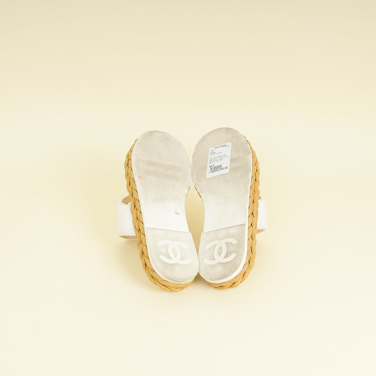 Chanel White CC Terry Cloth Raffia Thong Sandals 39.5