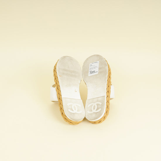 Chanel White CC Terry Cloth Raffia Thong Sandals 39.5