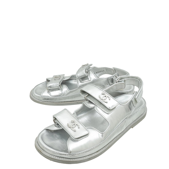 Chanel Metallic Silver CC Logo Dad Sandals 39