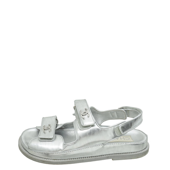 Chanel Metallic Silver CC Logo Dad Sandals 39