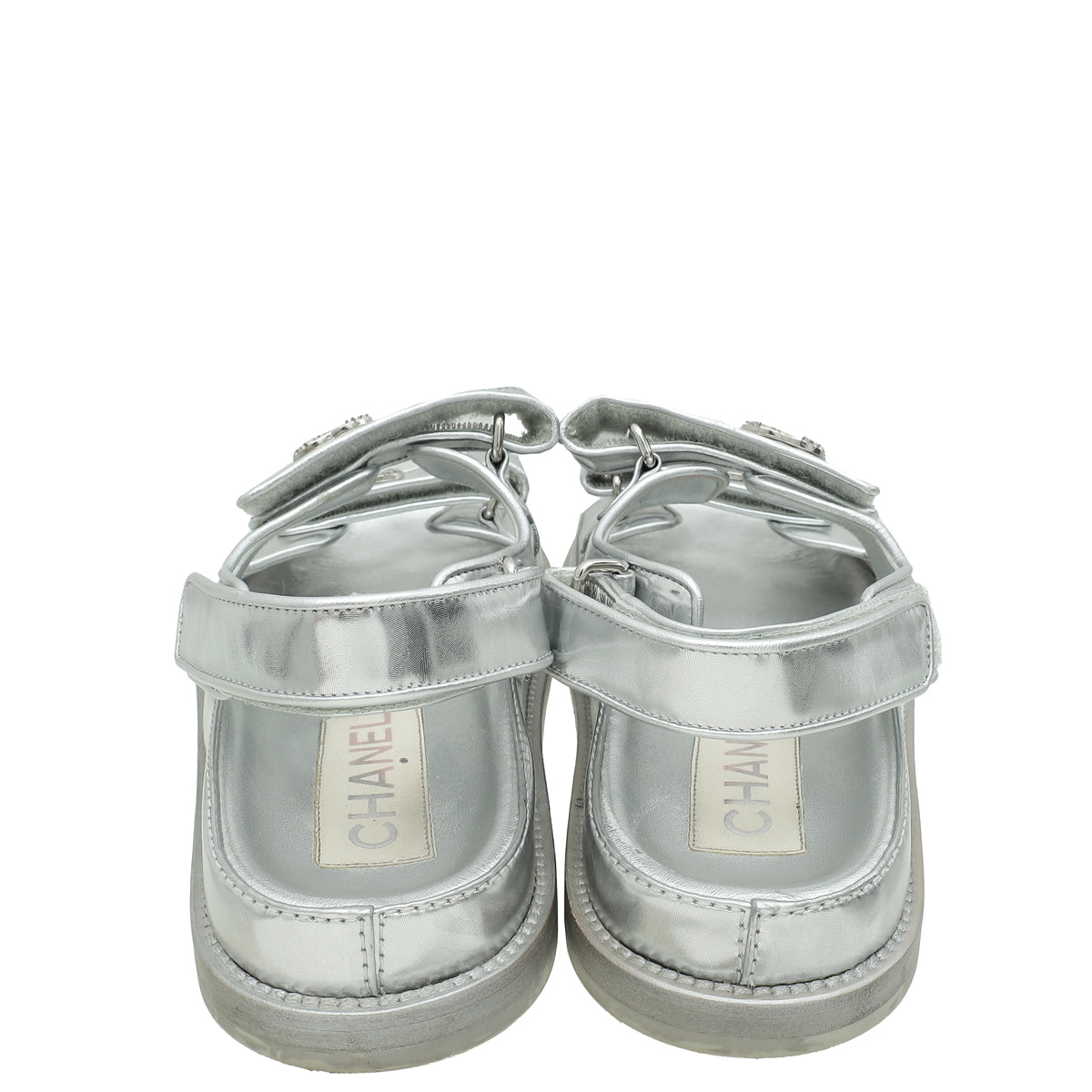 Chanel Metallic Silver CC Logo Dad Sandals 39