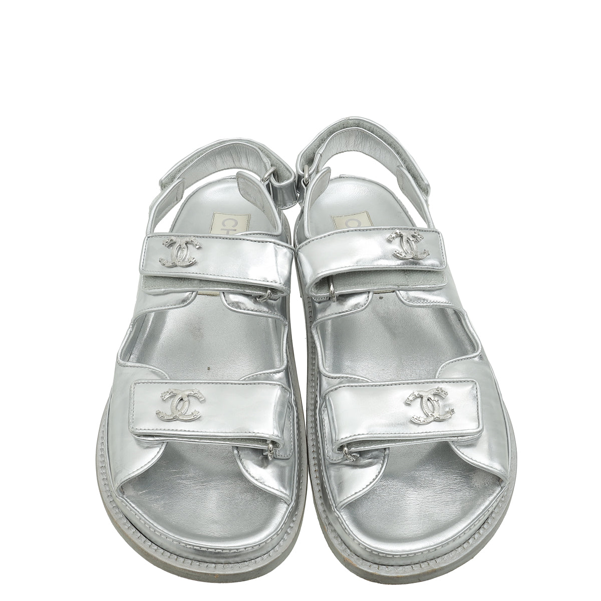 Chanel Metallic Silver CC Logo Dad Sandals 39