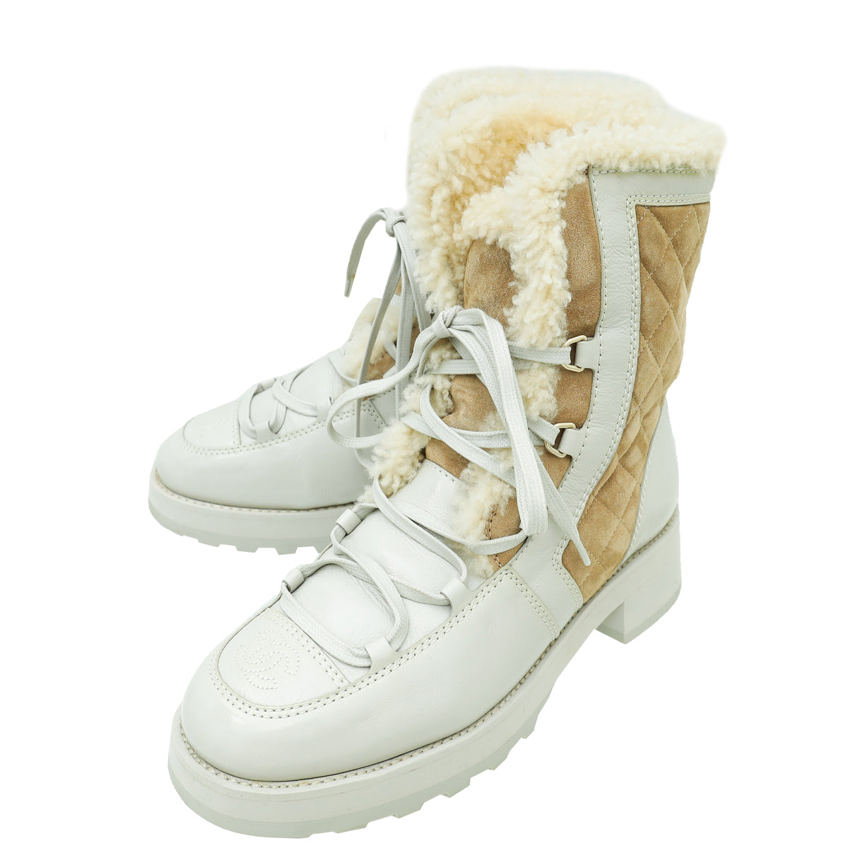 Chanel Bicolor CC Shearling Fur on Inside Lace Up Ankle Boot 39-Chanel-THE CLOSET