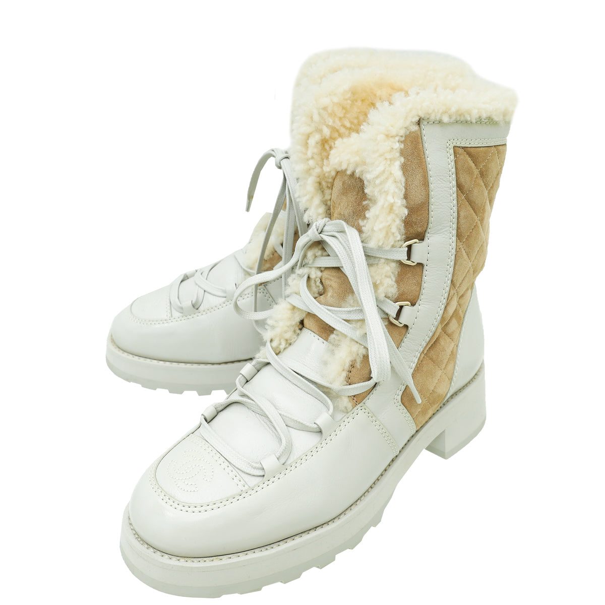 Chanel Bicolor CC Shearling Fur on Inside Lace Up Ankle Boot 39