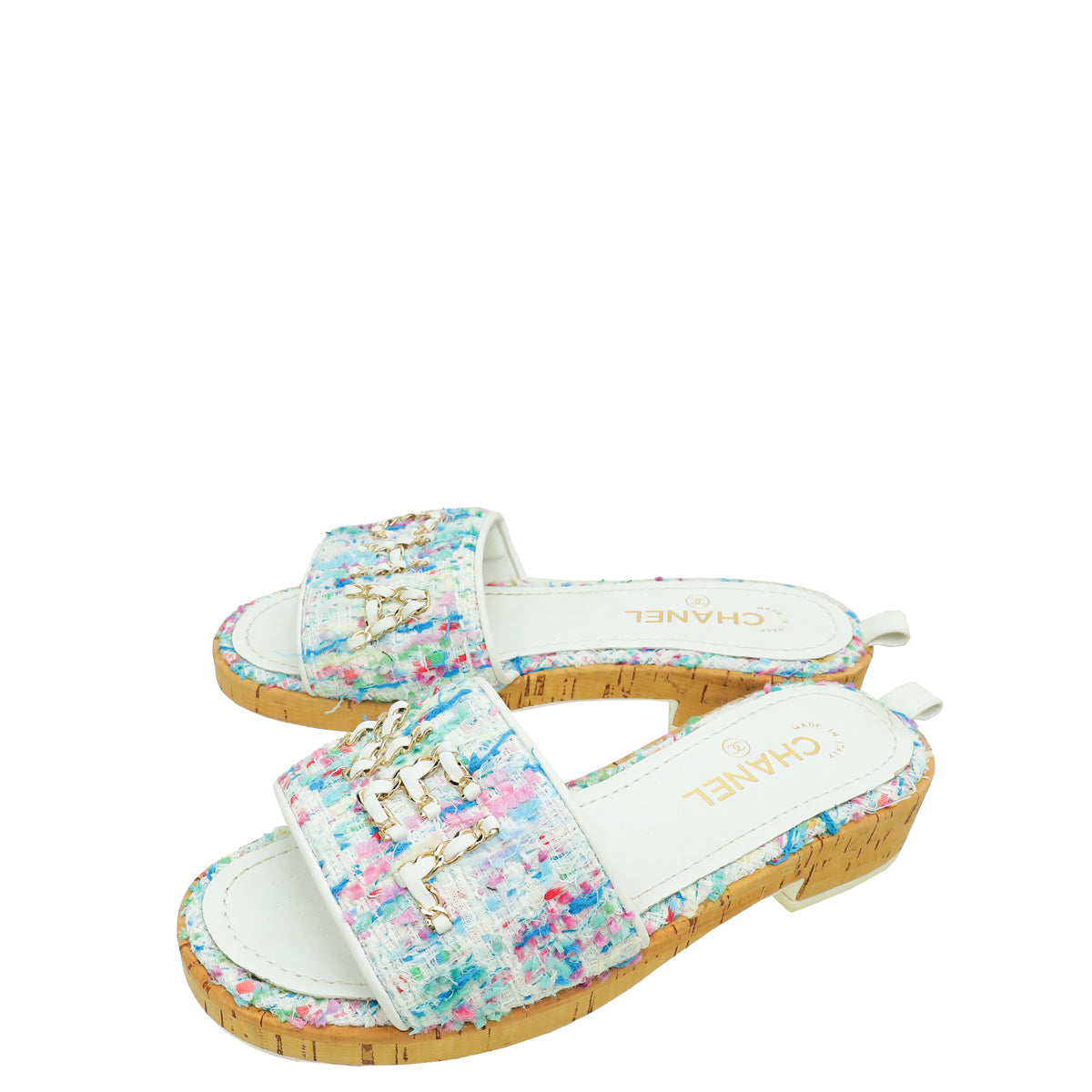 Chanel White Multicolor Tweed Logo Chain Mules 40-Chanel-THE CLOSET