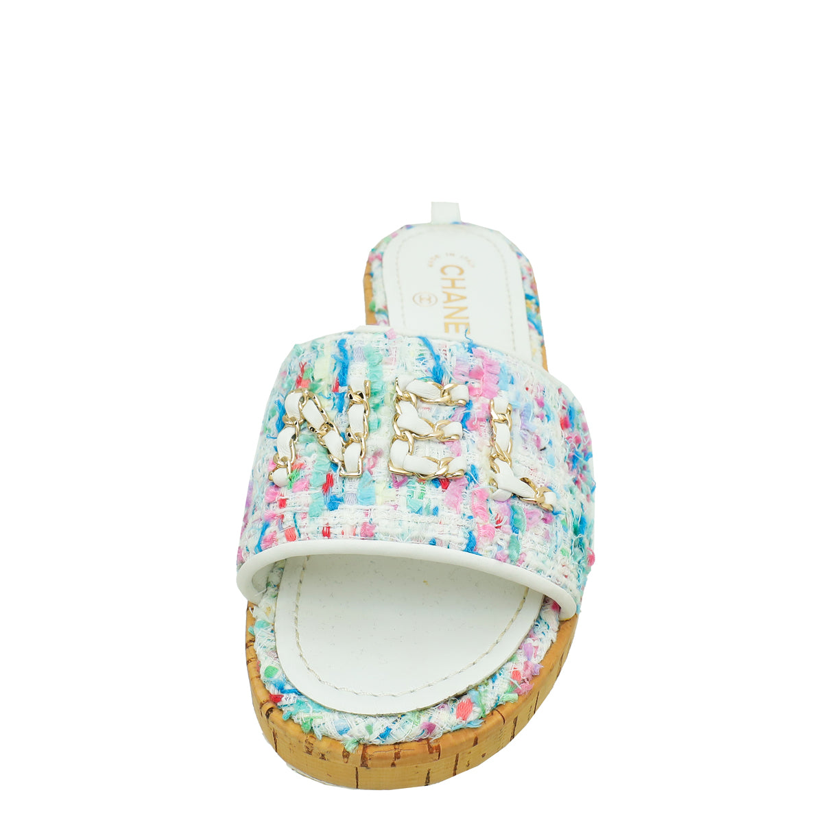 Chanel White Multicolor Tweed Logo Chain Mules 40-Chanel-THE CLOSET