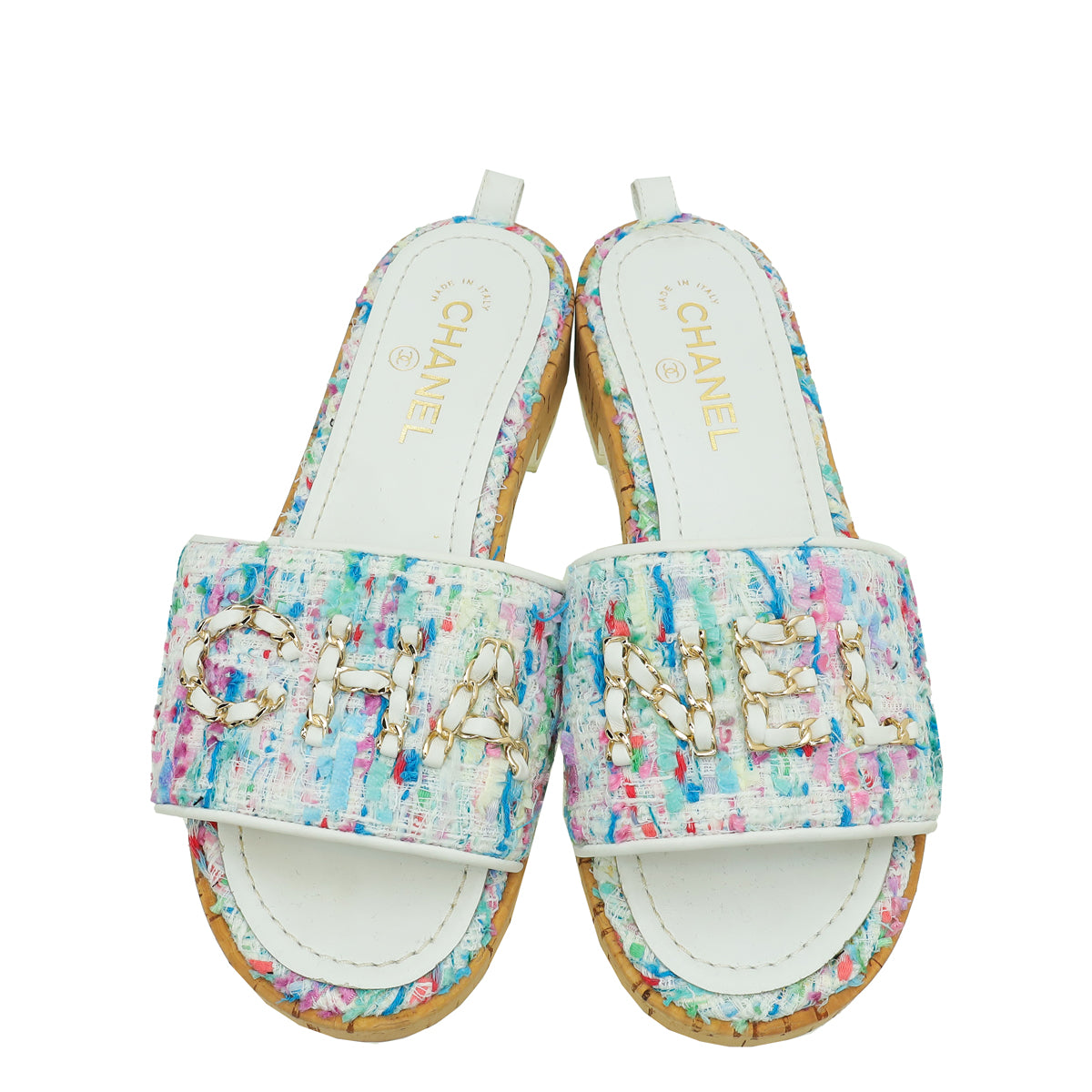 Chanel White Multicolor Tweed Logo Chain Mules 40