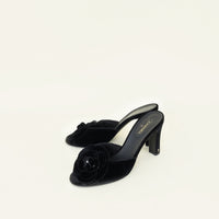 Chanel Black Camellia Heeled Slide Sandals 40.5