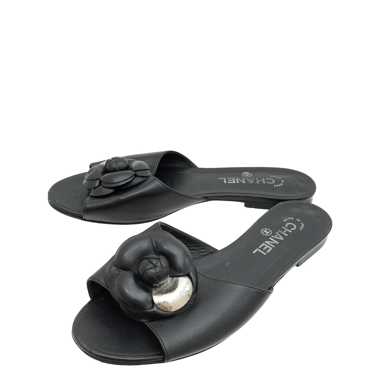 Chanel Black Camellia Slide Flat Sandals 40.5-Chanel-THE CLOSET