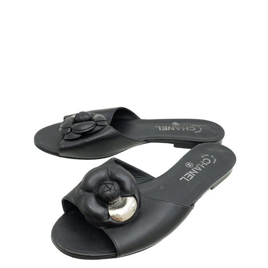 Chanel Black Camellia Slide Flat Sandals 40.5