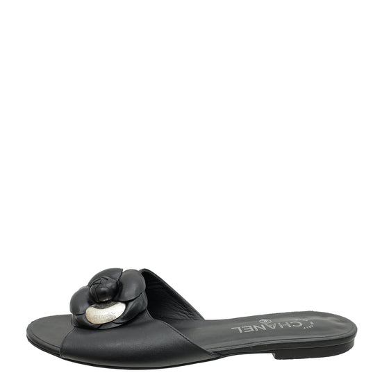 Chanel Black Camellia Slide Flat Sandals 40.5