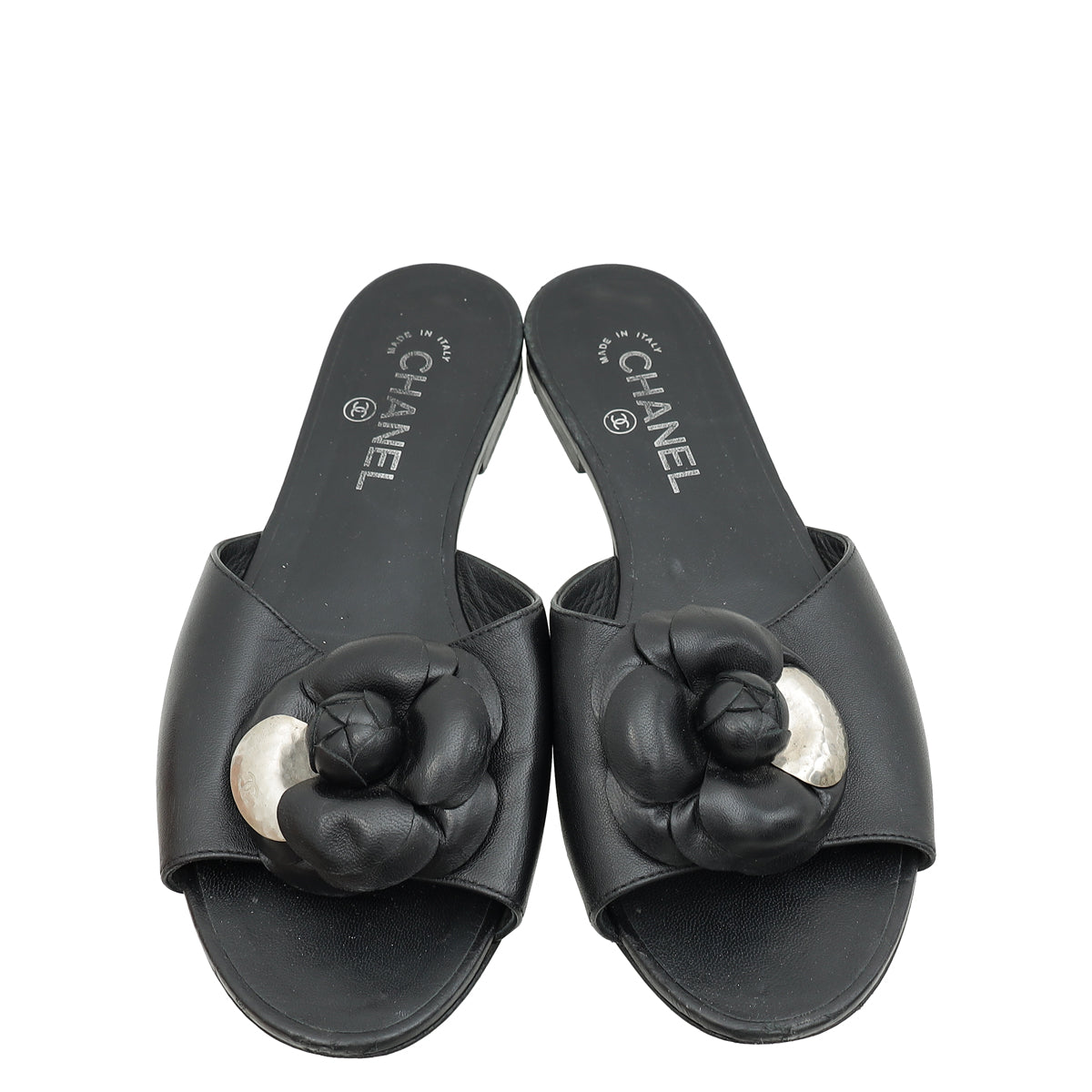 Chanel Black Camellia Slide Flat Sandals 40.5