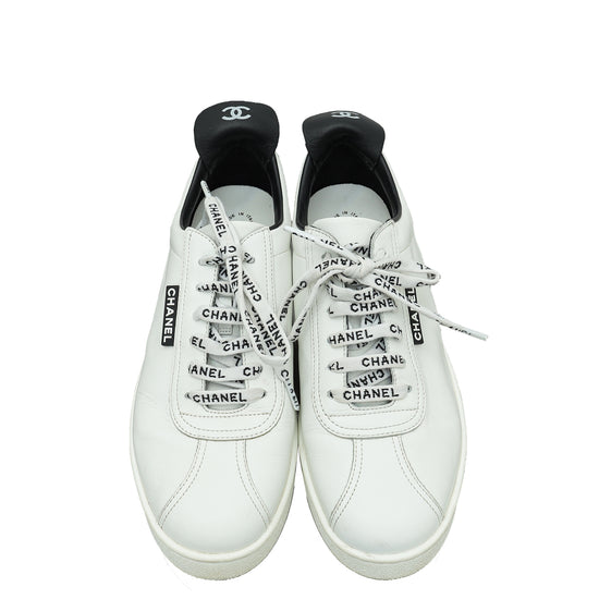 Chanel White Logo Lace Up CC Low Top Sneakers 40