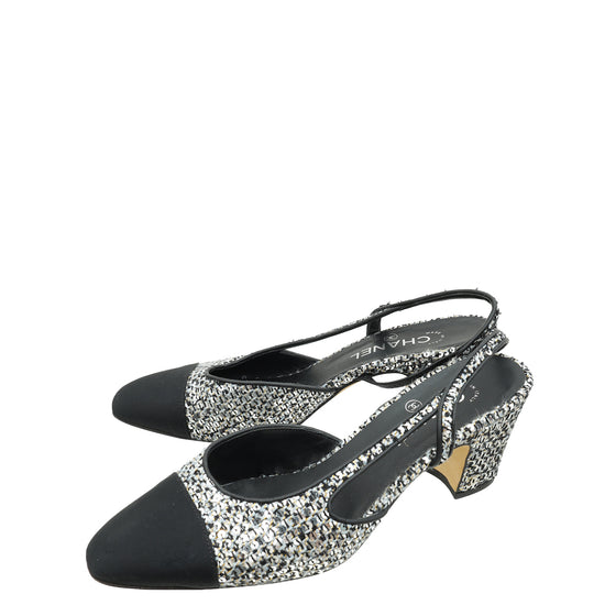 Chanel Bicolor CC Cap Toe Tweed Sequins Slingback 40