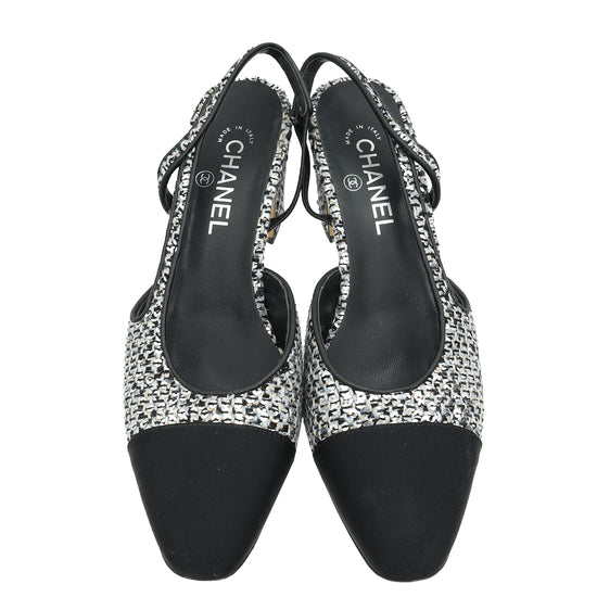 Chanel Bicolor CC Cap Toe Tweed Sequins Slingback 40