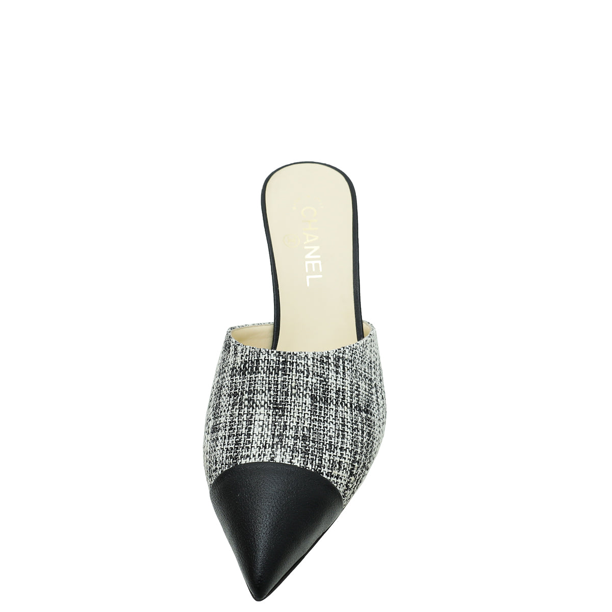 Chanel Black CC Cap Toe Tweed Pearl Mules 42