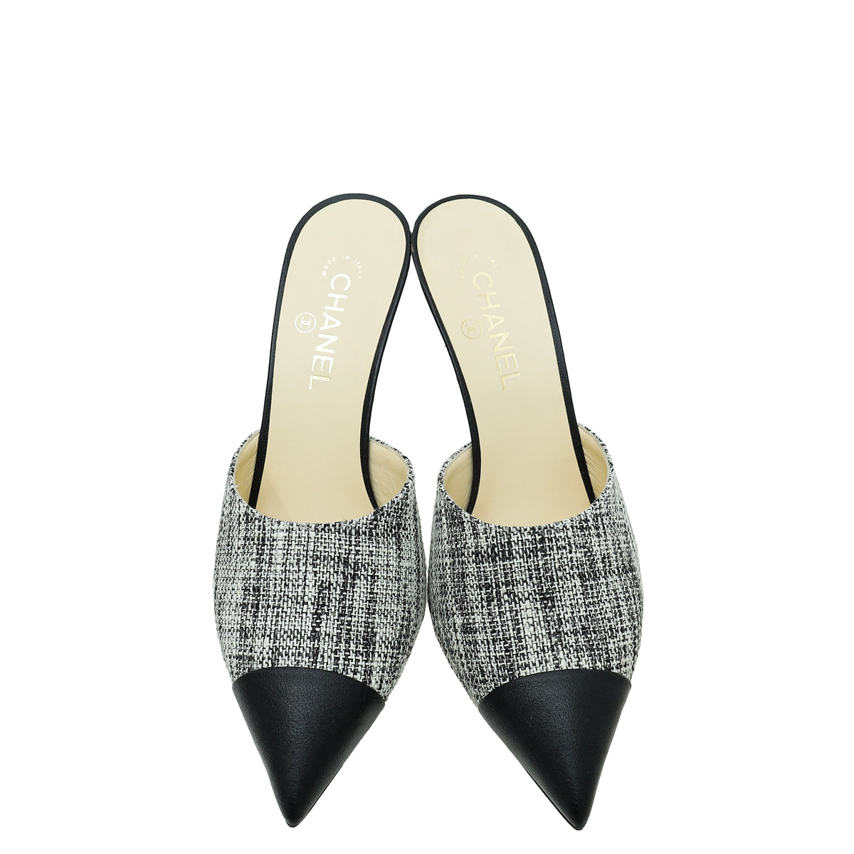 Chanel Black CC Cap Toe Tweed Pearl Mules 42