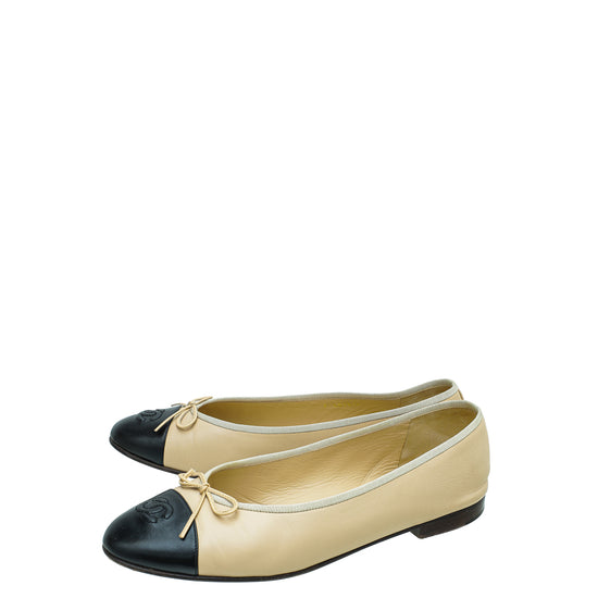 CHANEL, Shoes, Chanel Leather Cap Ballet Flats In Black Gold