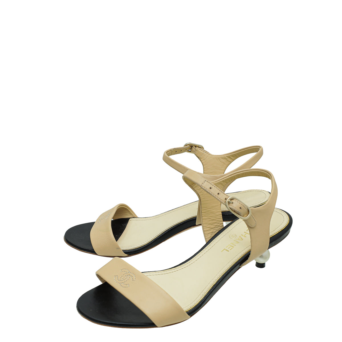 Chanel Beige CC Pearl Heel Sandal 35.5-Chanel-THE CLOSET