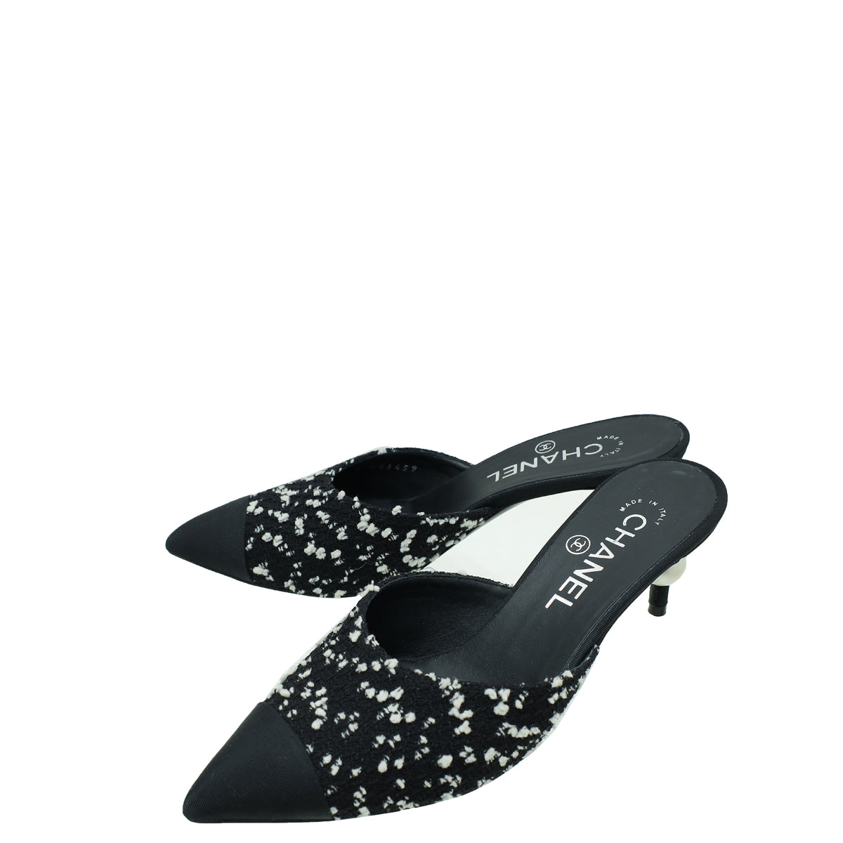 Chanel Bicolor CC Cap Toe Tweed Pearl Heel Mules