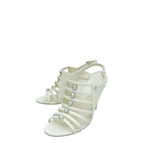 Chanel Off White Strappy Pearl Caged Slingback Heels 36.5