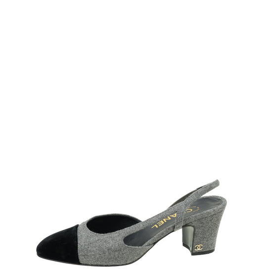 Chanel CC Cap Toe Velvet Wool Slingback 36.5