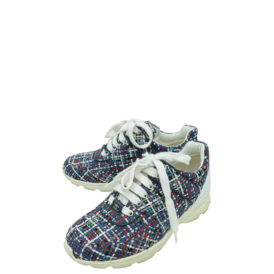 Chanel Blue Multicolor CC Tweed Trainer Sneaker 36
