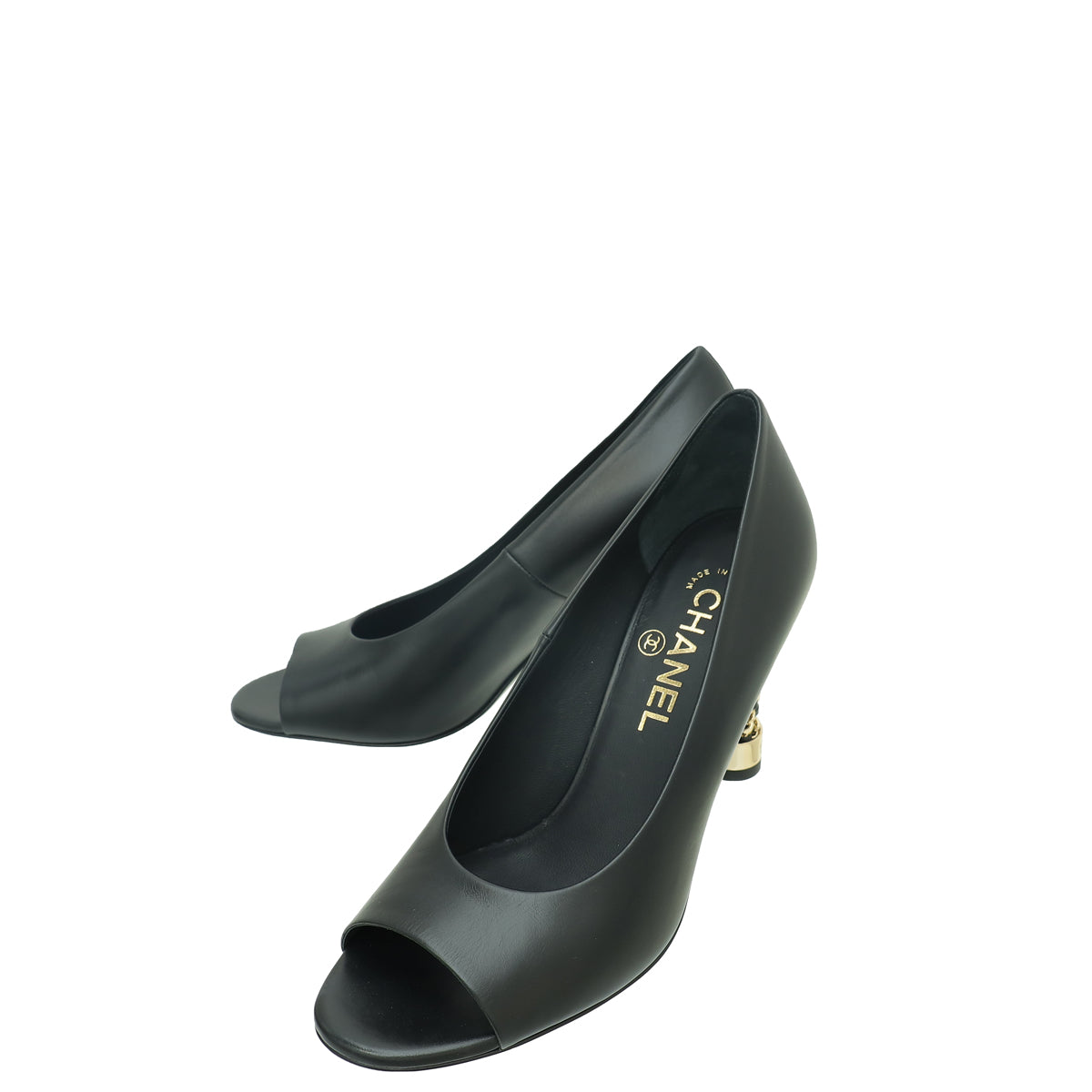 Chanel Black Logo Chain Heel Peep Toe Pump 37.5-Chanel-THE CLOSET