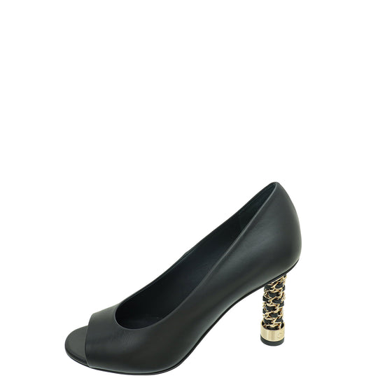 Chanel Black Logo Chain Heel Peep Toe Pump 37.5