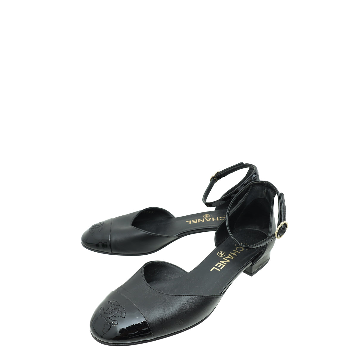 Chanel Black CC Cap Toe CC Ankle Strap Flats 37-Chanel-THE CLOSET
