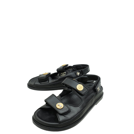 Chanel Black CC Crystal Botton Dad Sandal 37.5