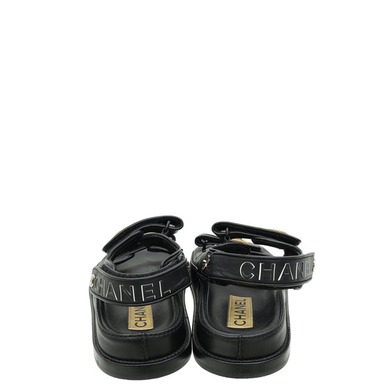 Chanel Black CC Crystal Botton Dad Sandal 37.5