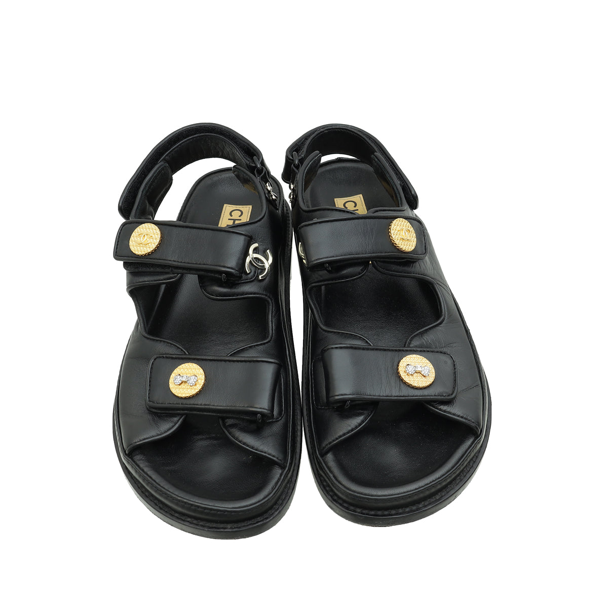 Chanel Black CC Crystal Botton Dad Sandal 37.5