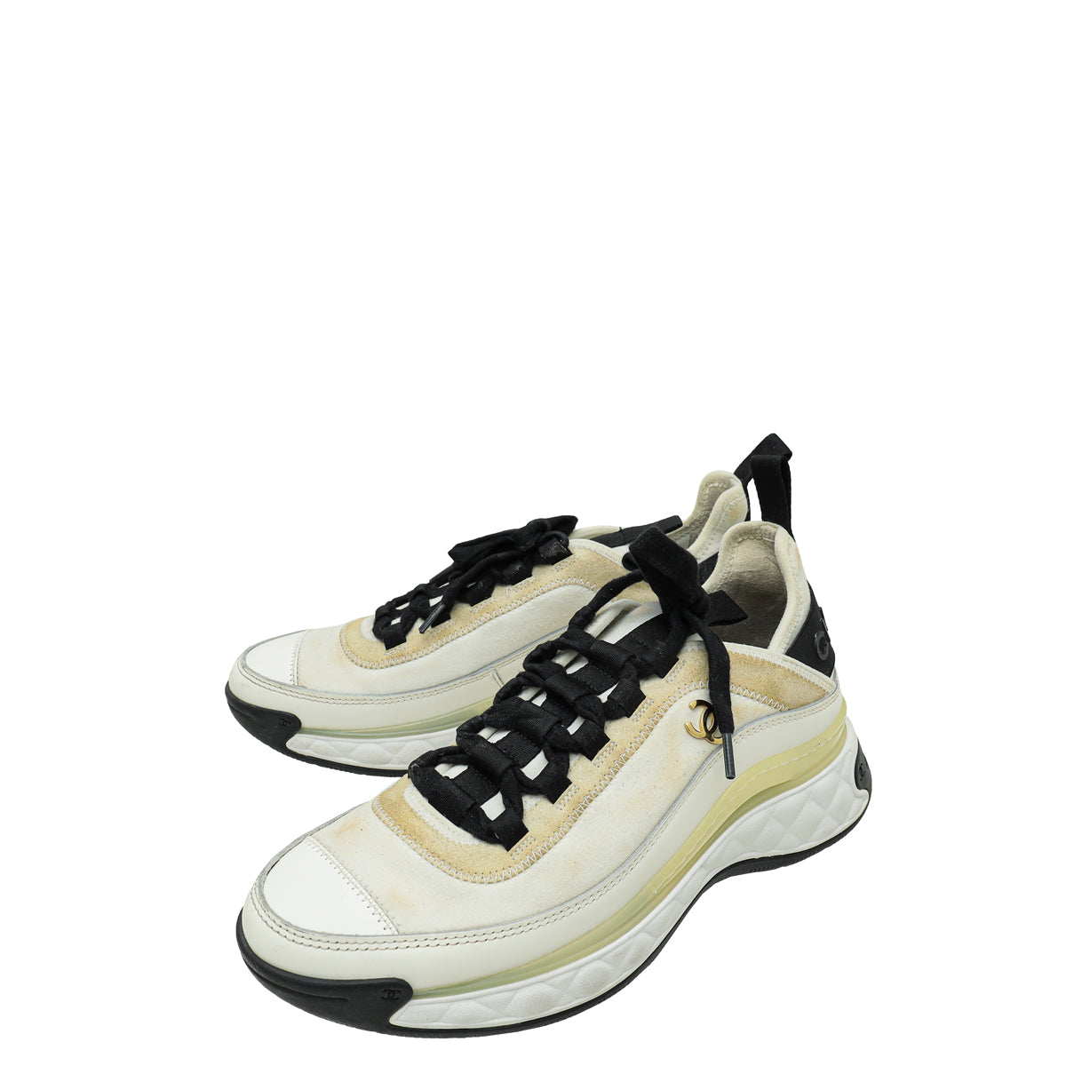Chanel Bicolor Fabric And Suede CC Lace Up Sneakers 37