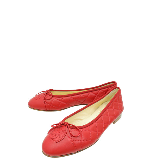 Chanel Red CC Cap Toe Quilted Flat Ballerina 37