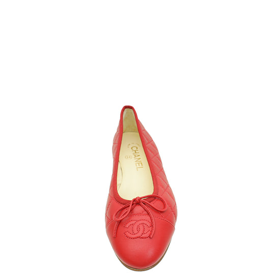 Chanel Red CC Cap Toe Quilted Flat Ballerina 37