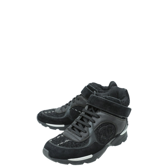 Chanel Black CC Tweed High Cut Sneakers 38.5