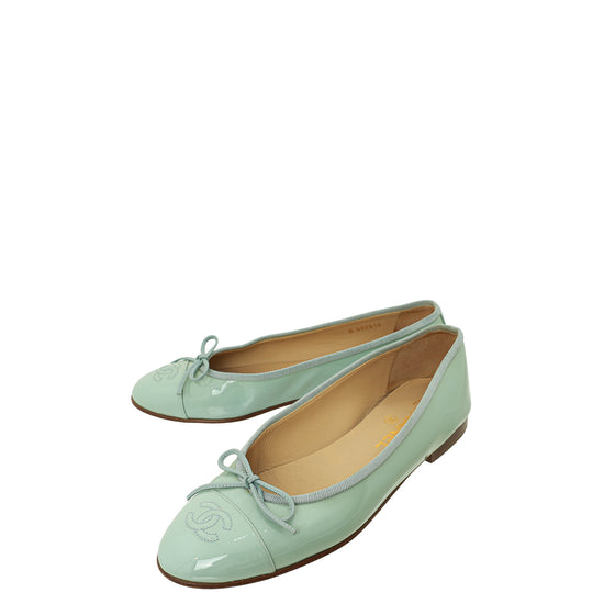 Chanel Mint Green CC Cap Toe Ballet Flats 38.5