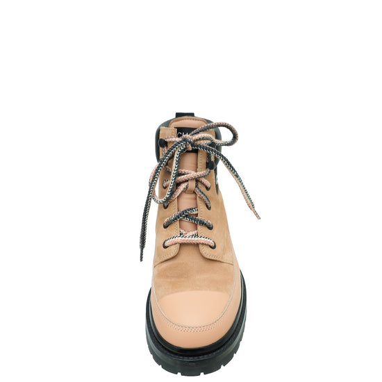 Chanel Pink Logo Suede Calfskin Lace Up Boots 38.5
