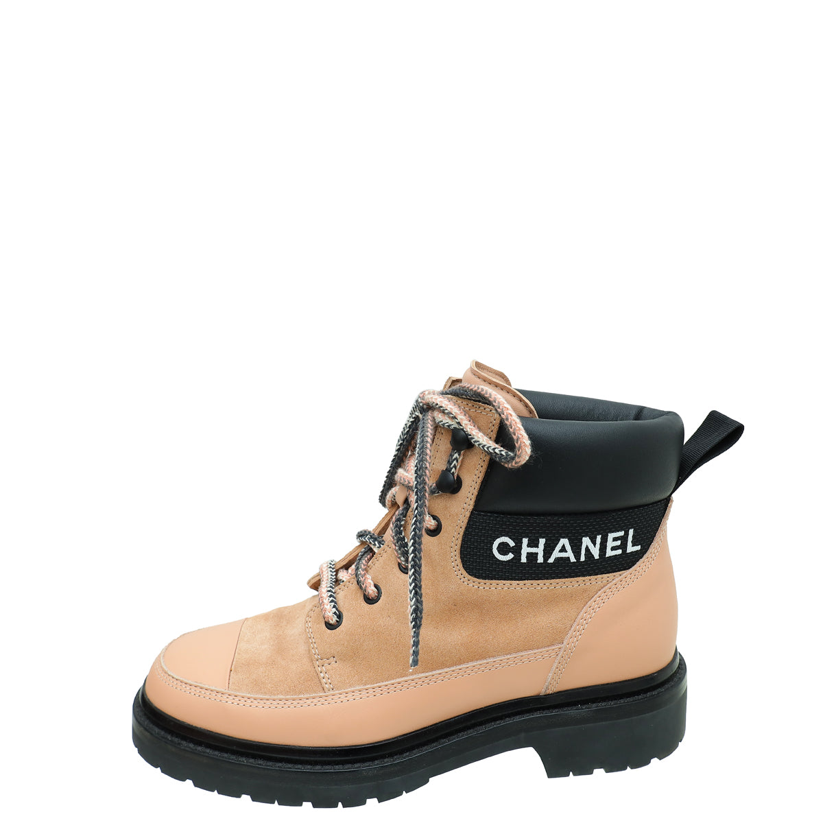 Chanel Pink Logo Suede Calfskin Lace Up Boots 38.5