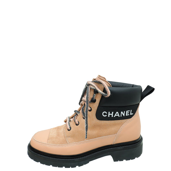 Chanel Pink Logo Suede Calfskin Lace Up Boots 38.5