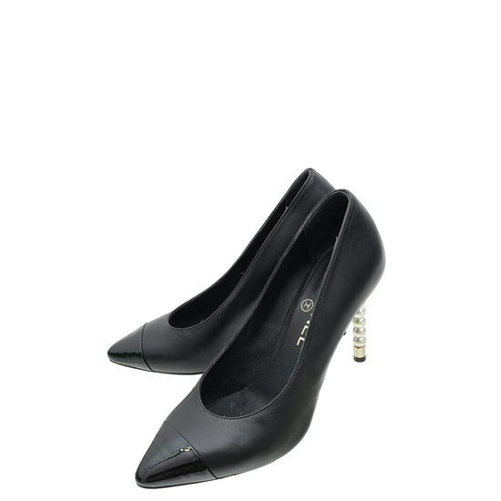 Chanel Black CC Cap Toe Pearl Heel Pump 38.5