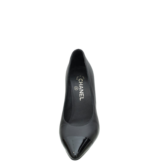 Chanel Black CC Cap Toe Pearl Heel Pump 38.5