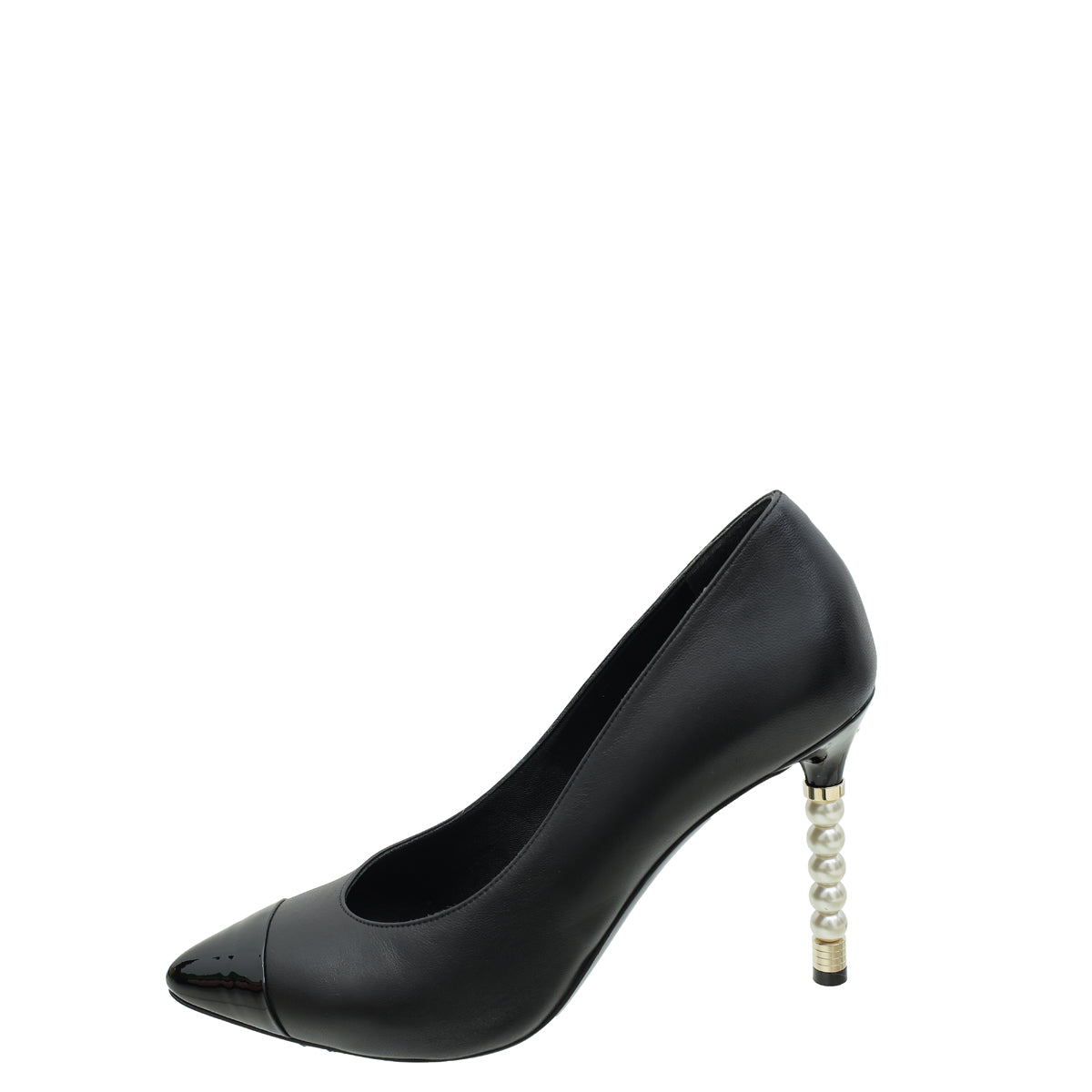 Chanel Black CC Cap Toe Pearl Heel Pump 38.5