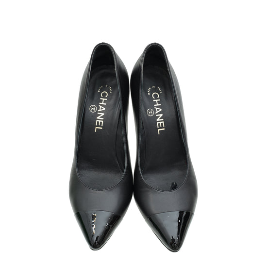 Chanel Black CC Cap Toe Pearl Heel Pump 38.5